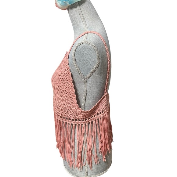 POL Crochet Fringe Crop Top Bralette – Boho Festival Tank, Dusty Rose Pink, Sz L - Picture 2 of 13